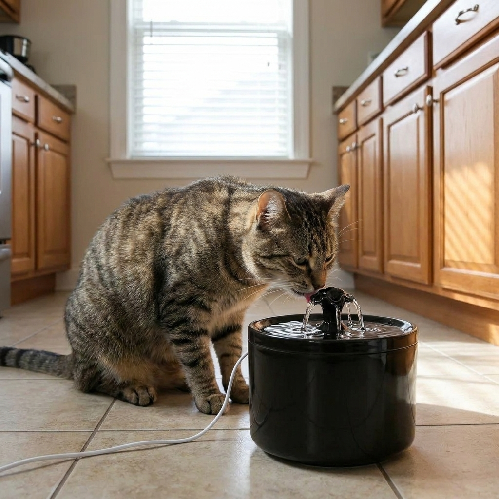 Tabby cat drinking from a compact cat water fountain in the kitchen