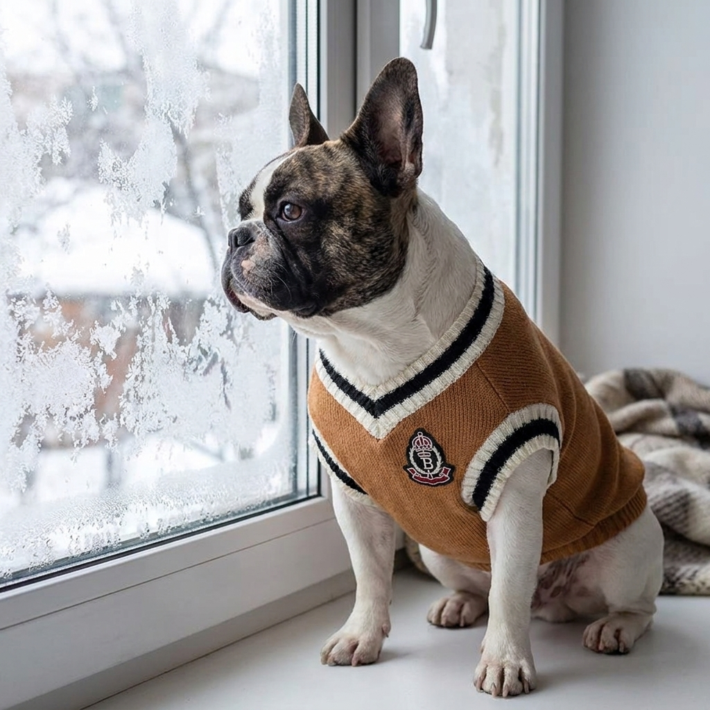 French bulldog wearing a cosy knitted jumper by a frosty window