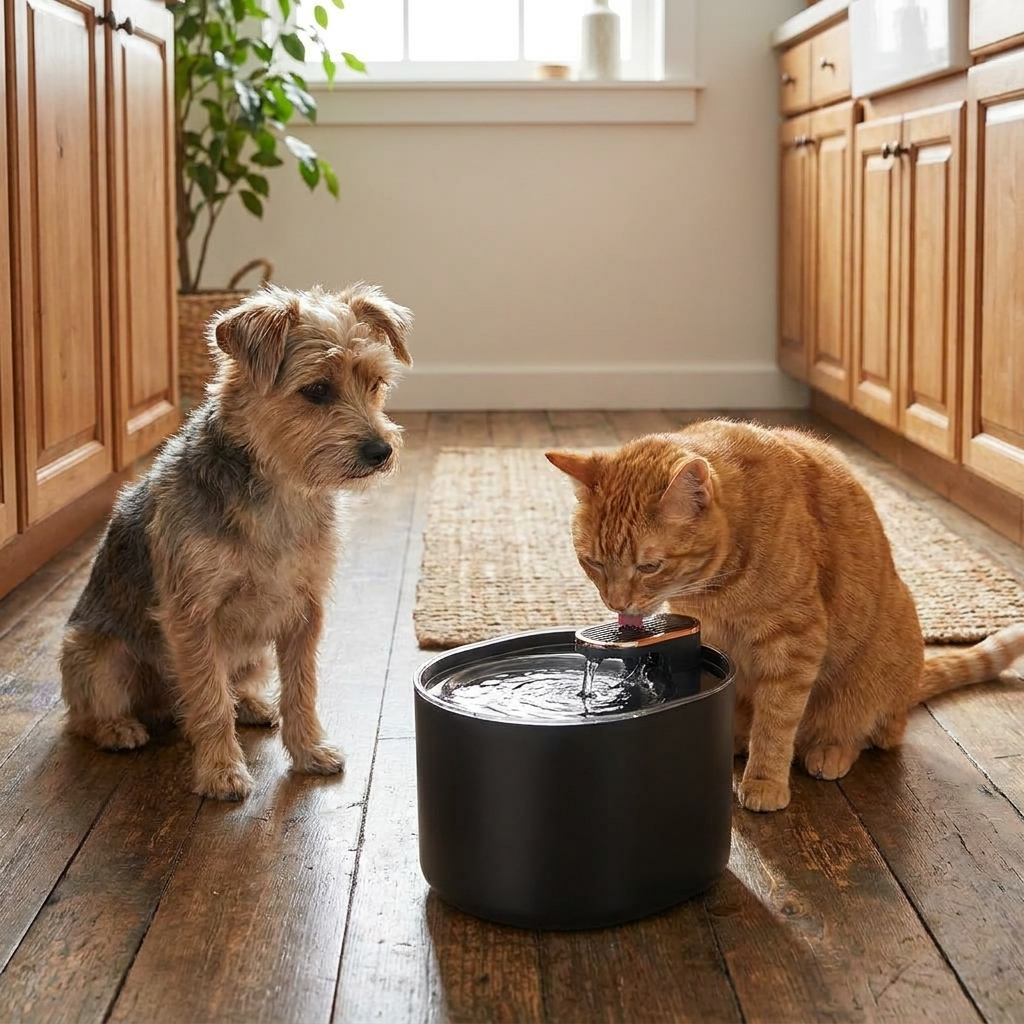 Cat and small dog beside a 3L pet water fountain in a cosy kitchen