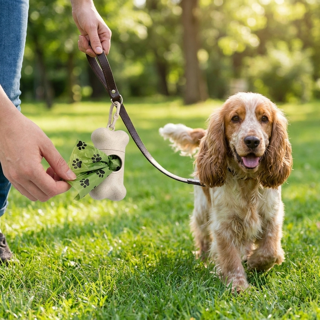 Owner taking a bag from a dog poop bag dispenser on a park walk with a spaniel