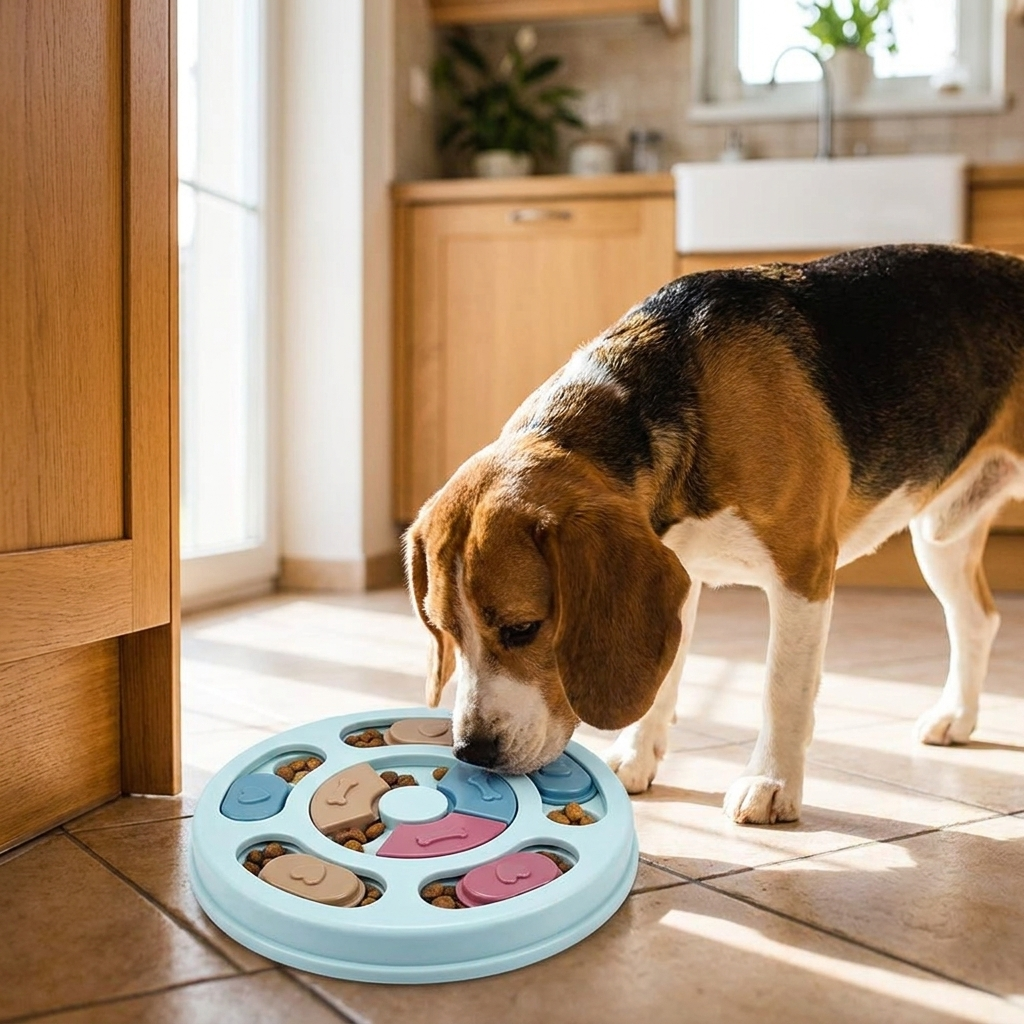 Beagle eating from a slow feeder puzzle bowl in the kitchen