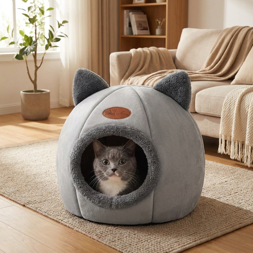 Grey cat peeking out of a cosy cave bed in the living room