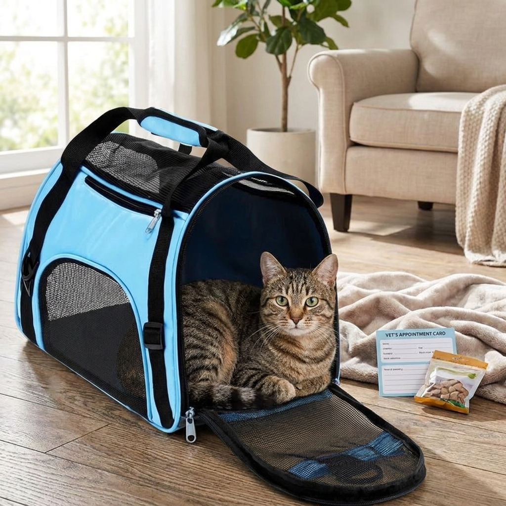 Tabby cat resting in a foldable mesh pet carrier at home