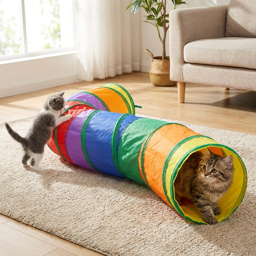 Two kittens playing in a foldable cat play tunnel
