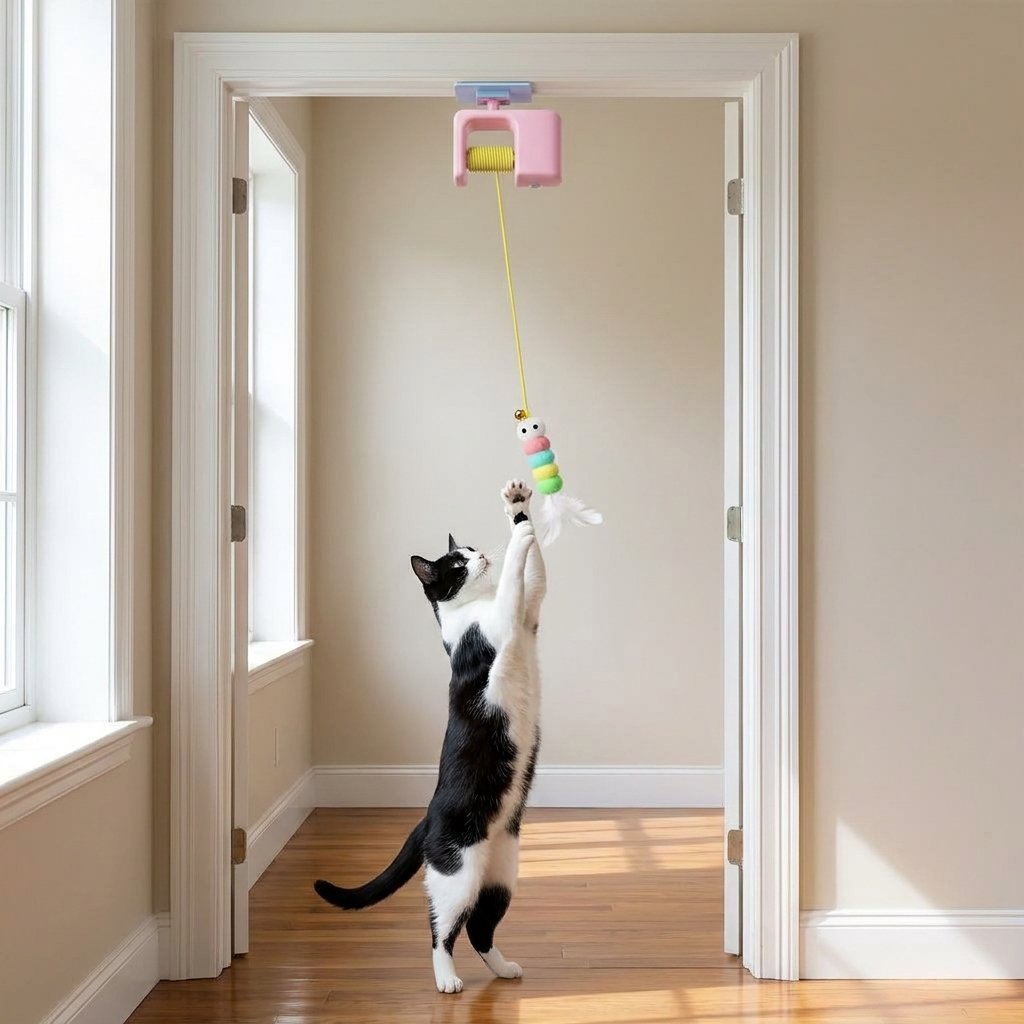 Cat reaching for a hanging flying bird cat toy under a doorway