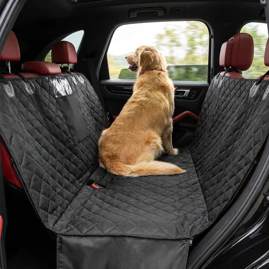 Golden retriever on a waterproof dog car seat cover in the back seat