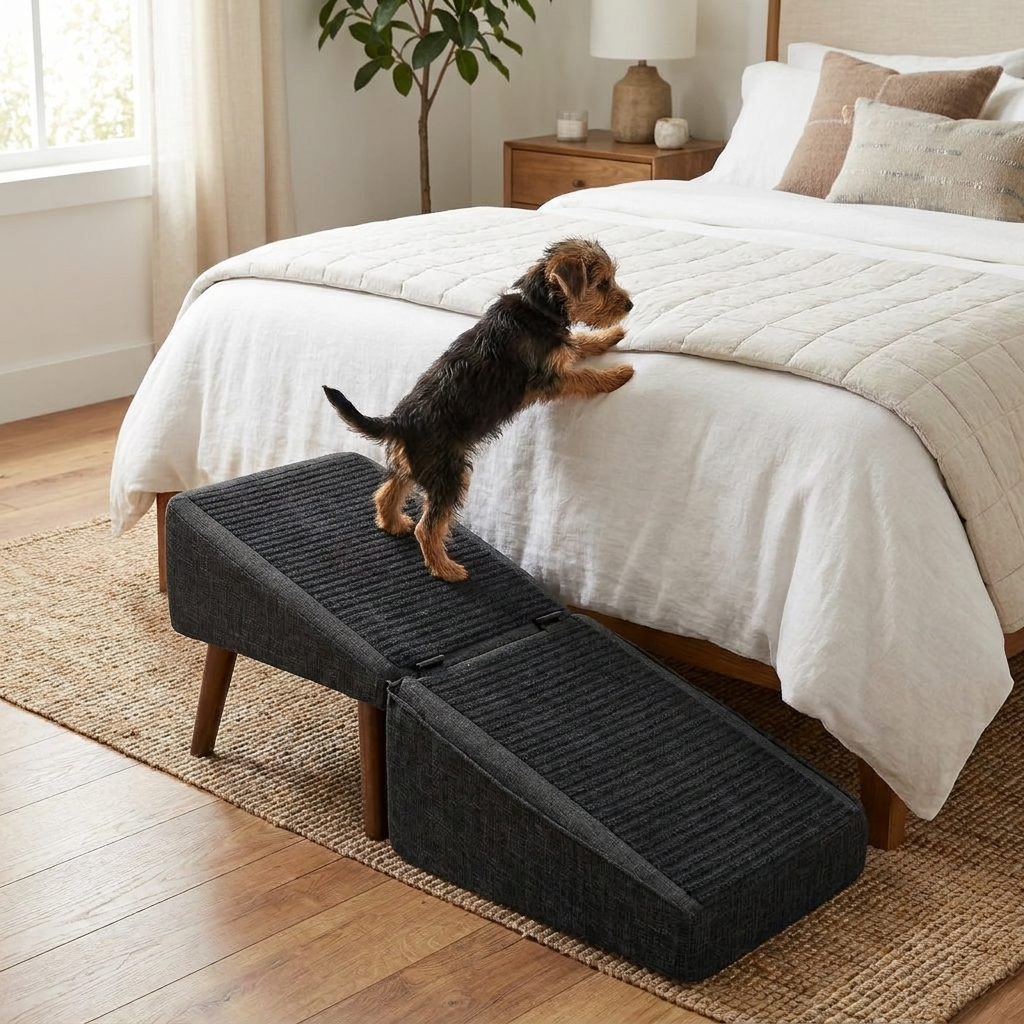 Small terrier climbing a foldable pet ramp onto a bed