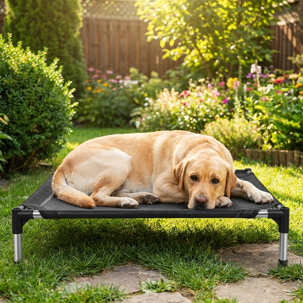 Labrador resting on a raised dog bed in a sunny garden