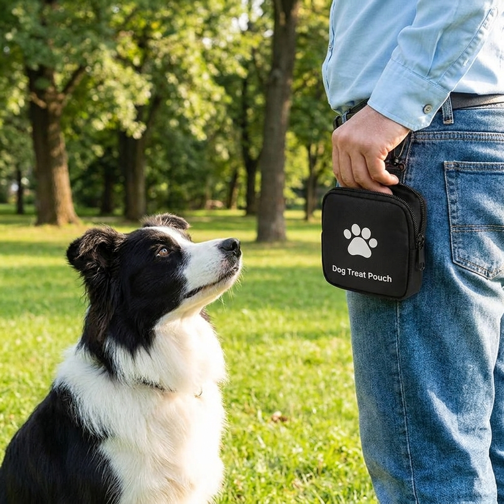 Border collie waiting as its owner reaches into a small dog treat pouch in the park