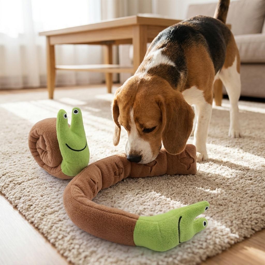 Beagle sniffing a plush snail snuffle mat on a living-room rug