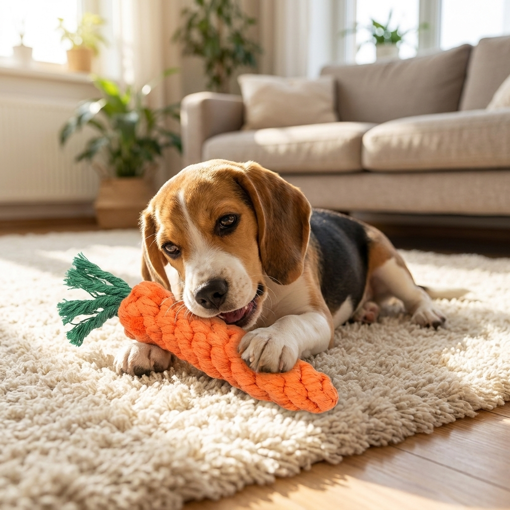 Beagle chewing the carrot rope toy on a rug
