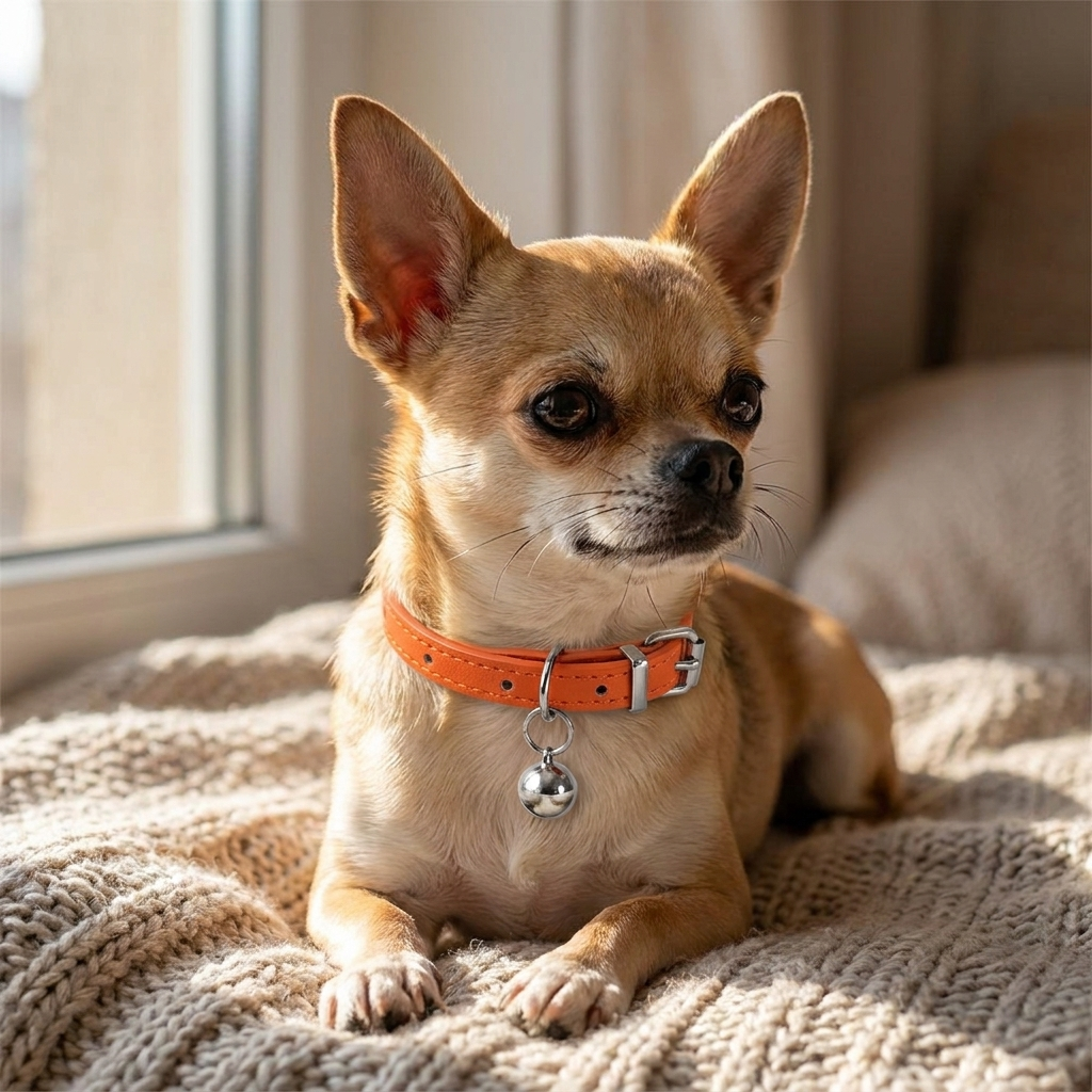 Small dog wearing the PU leather collar with bell