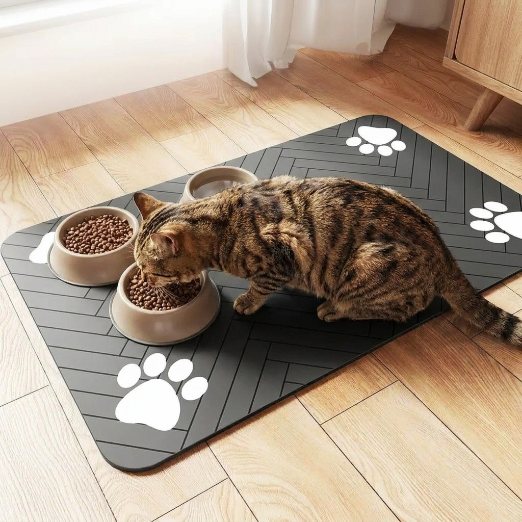 Cat eating from bowls on the absorbent paw-print feeding mat