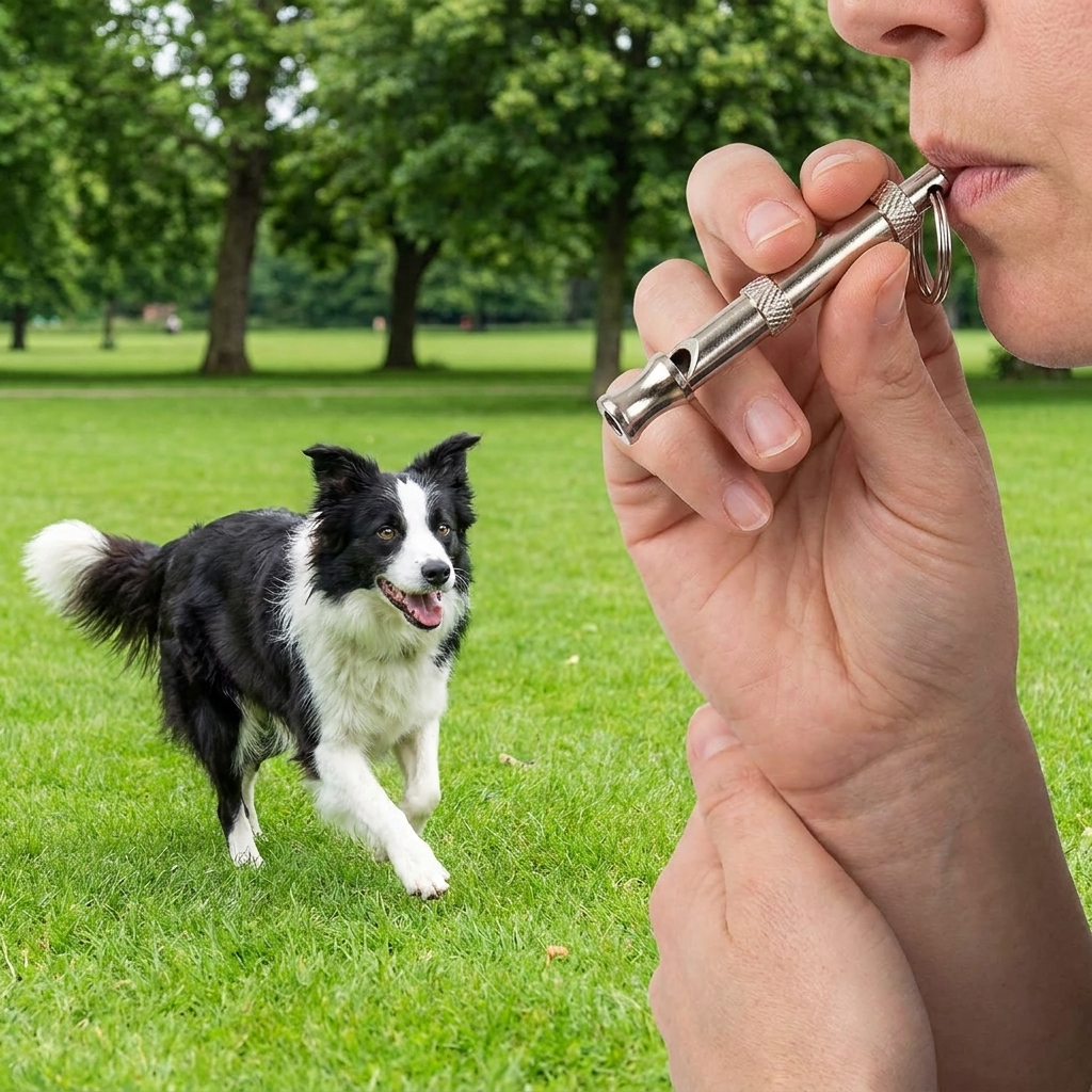 Owner using the dog whistle as a collie runs back in the park