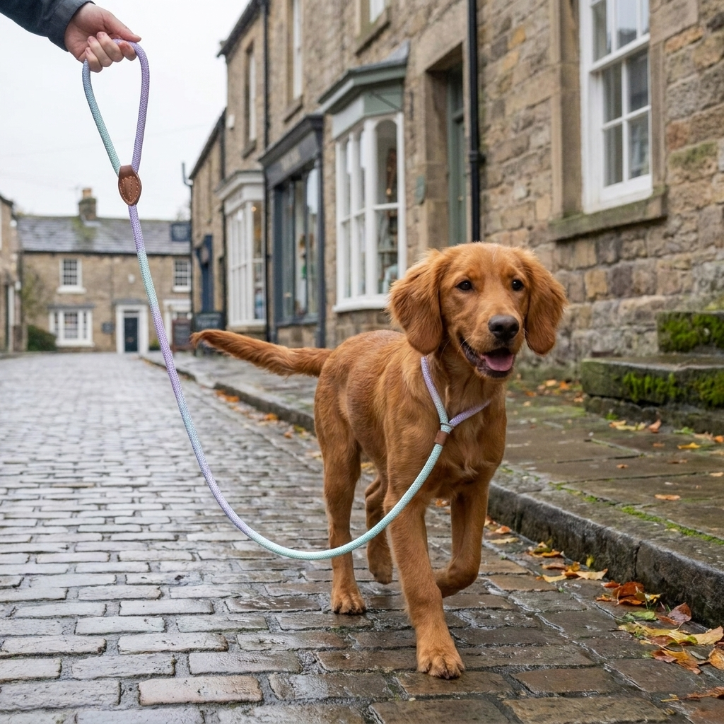 Dog walking on the braided slip lead down a cobbled street