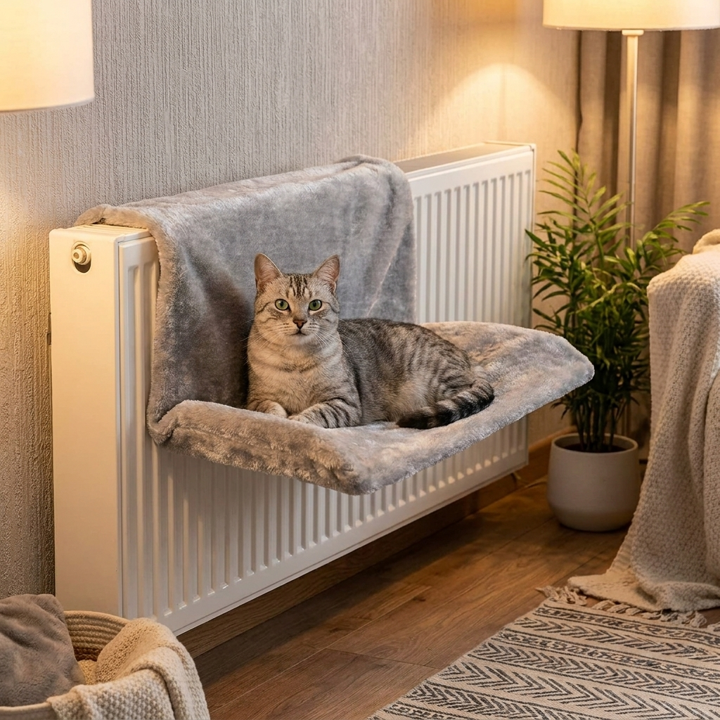 Cat relaxing in the fleece radiator bed