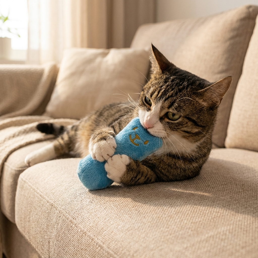 Cat hugging the catnip plush toy on a sofa