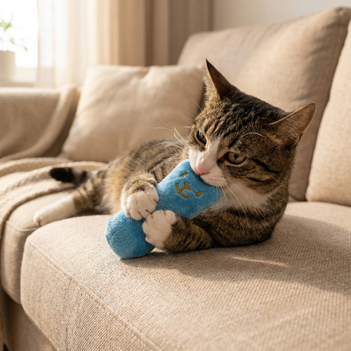 Cat hugging the catnip plush toy on a sofa