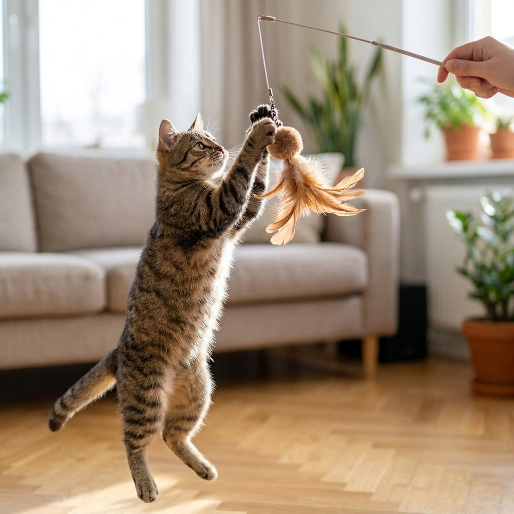 Cat leaping at a feather teaser wand head