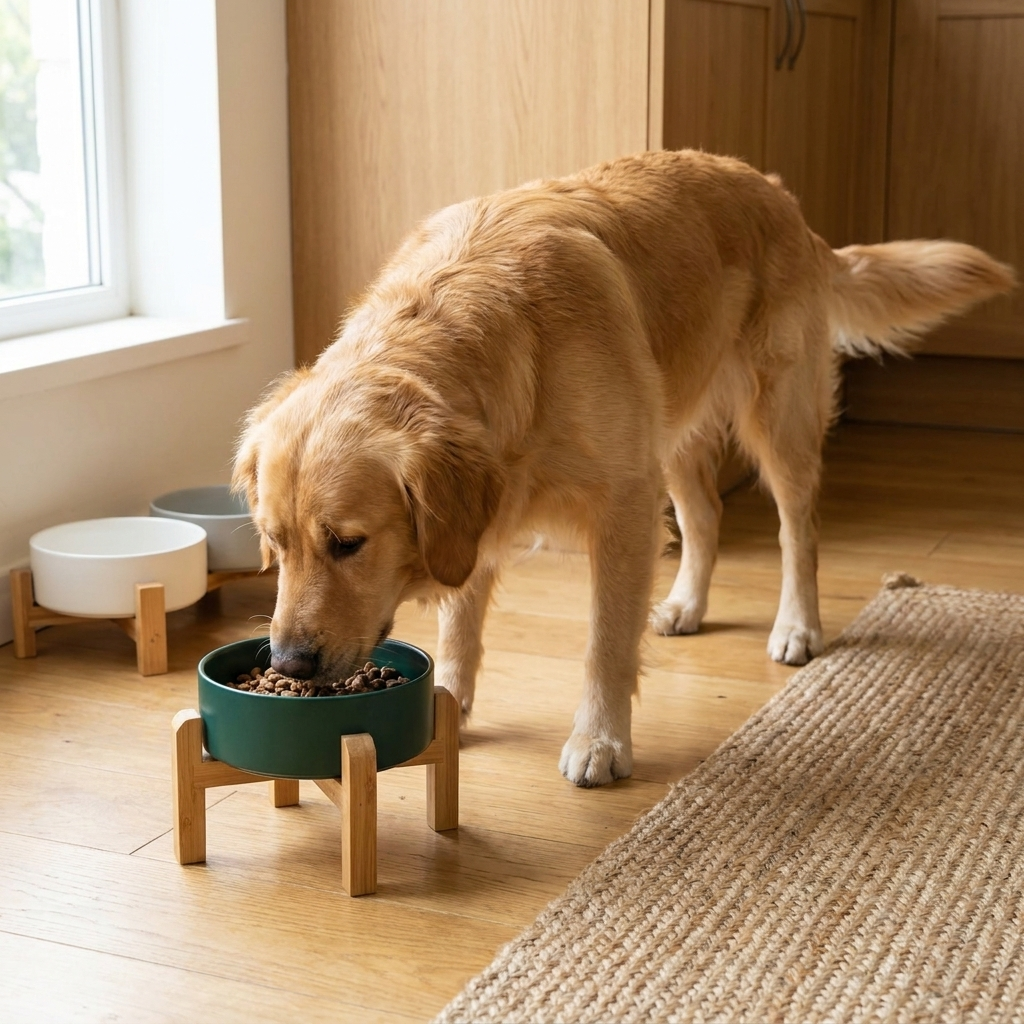 Raised Ceramic Pet Bowl with Bamboo Stand