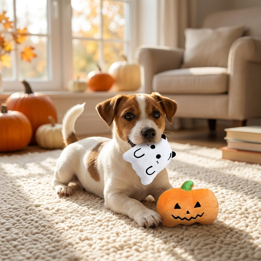 Jack Russell puppy on a rug holding a white ghost plush toy with an orange pumpkin plush toy at its paws