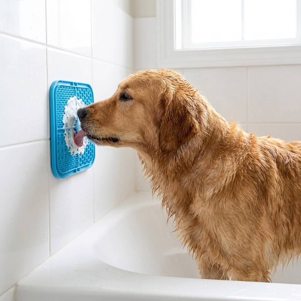 Golden retriever licking a blue lick mat stuck to bath tiles