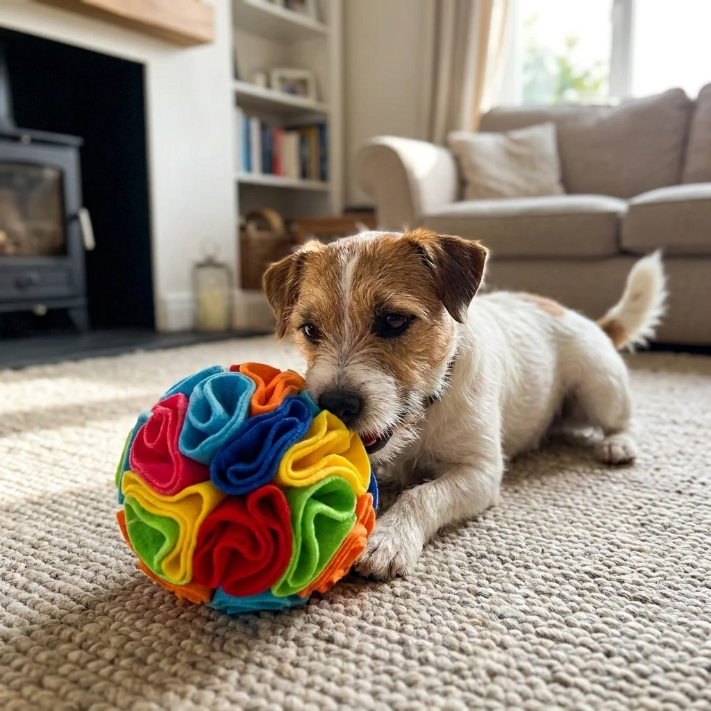 Terrier sniffing a colourful fleece snuffle ball on a rug