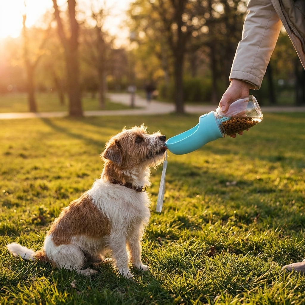 Terrier drinking from a blue dog walk bottle in a park