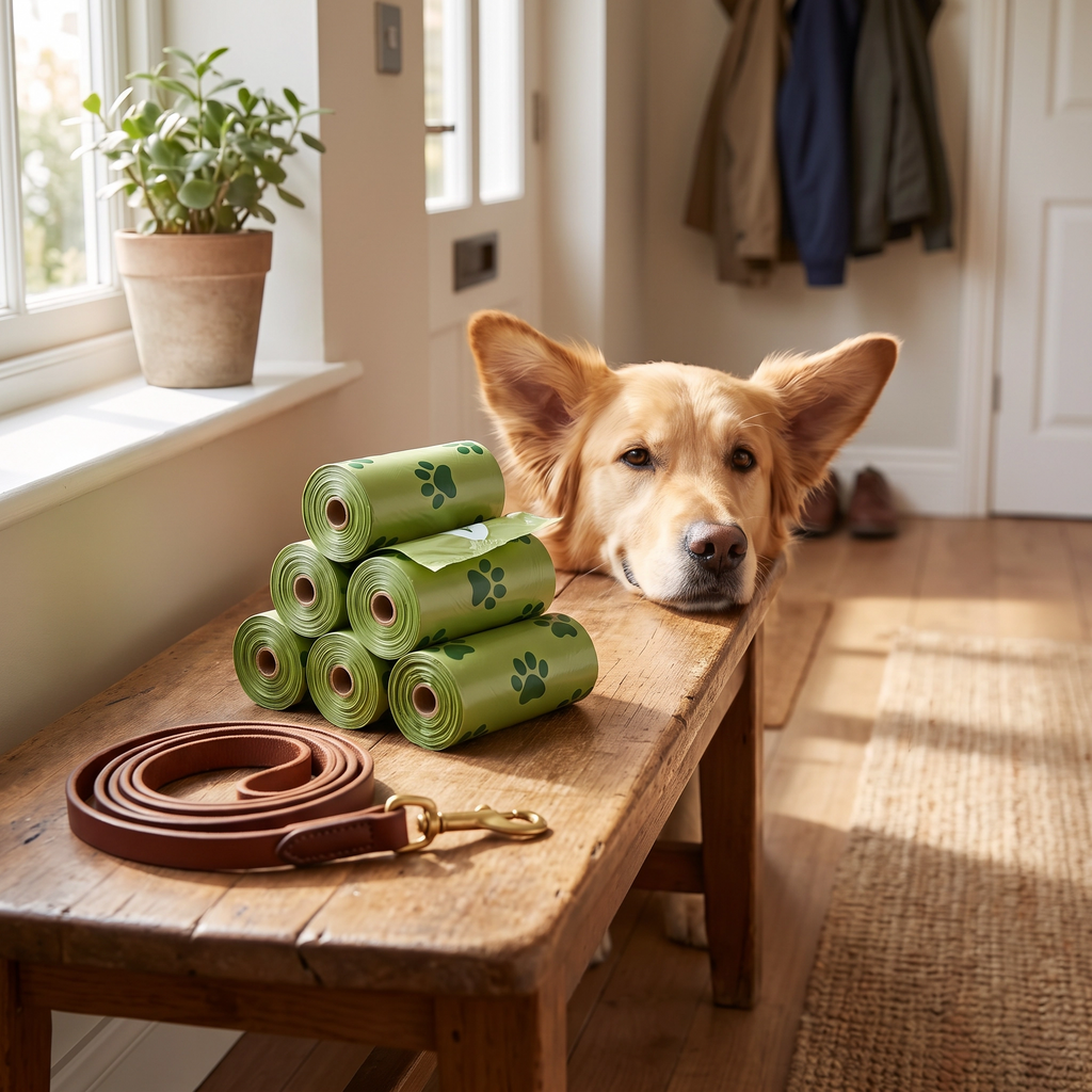 Green paw print poop bag rolls on a hallway bench