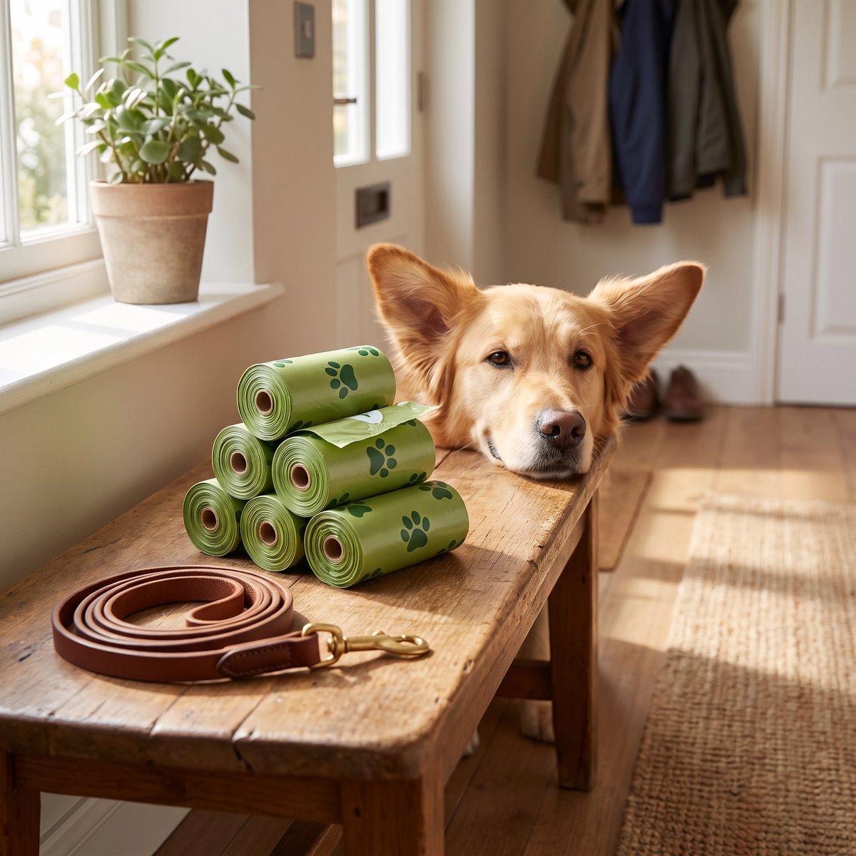 Green paw print poop bag rolls on a hallway bench