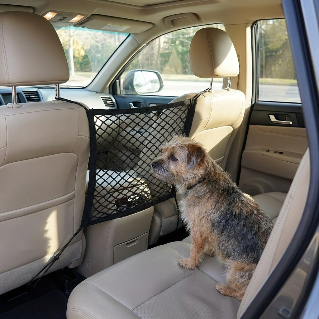 Terrier on a back seat behind a car barrier net