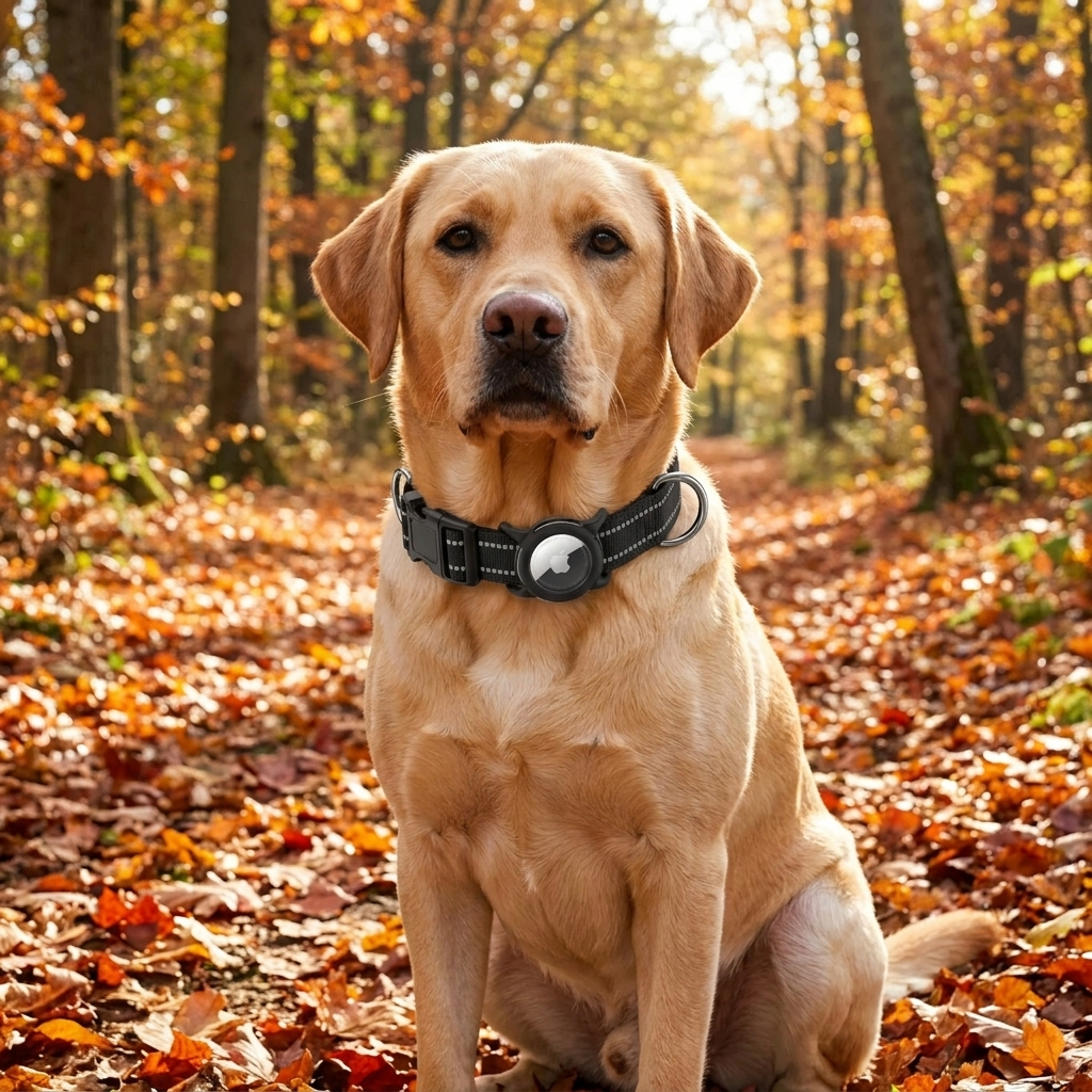 Labrador wearing a reflective collar with a tracker holder
