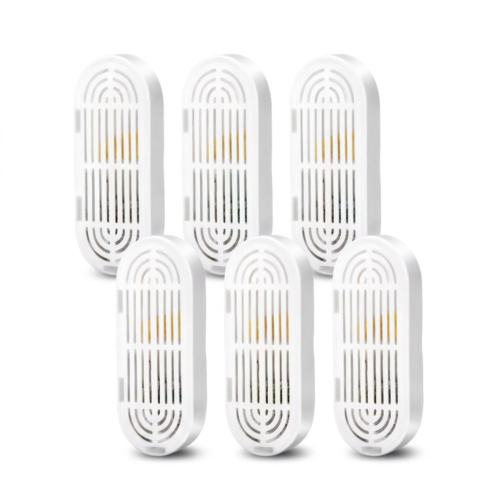 Six replacement fountain filter cartridges on white