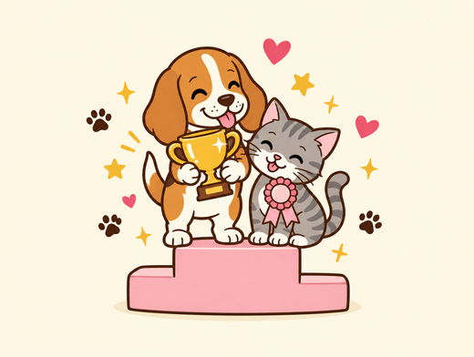 Beagle with a trophy and kitten with a rosette on a winners podium