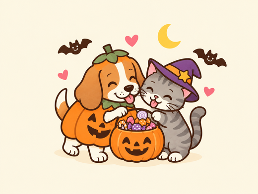Beagle in a pumpkin costume and kitten in a witch hat trick-or-treating