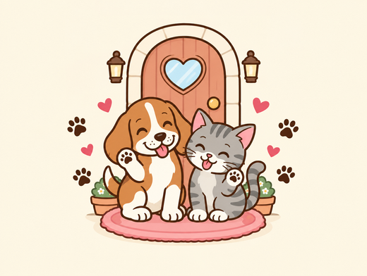 Beagle and tabby kitten waving hello at the front door