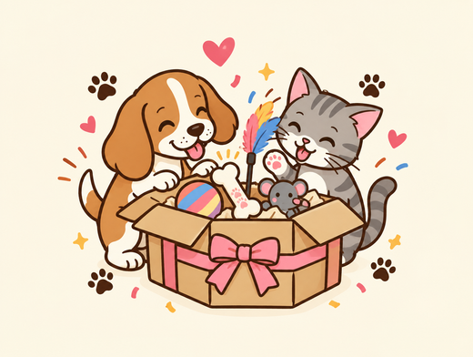 Beagle and kitten unboxing a parcel full of new toys